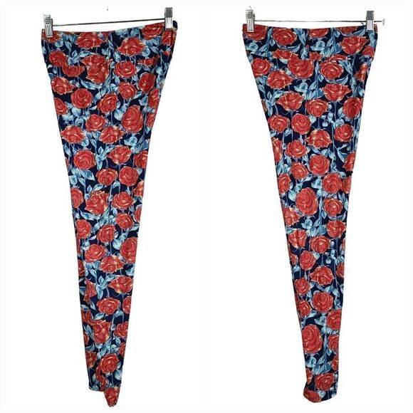 NEW LuLaRoe Red Rose One Size (2-10) Butter Soft Legging Red Blue Floral Print - Picture 2 of 7